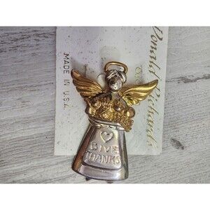 Vintage Christmas Angel Brooch Silver And  Gold Tone Metal Give Thanks